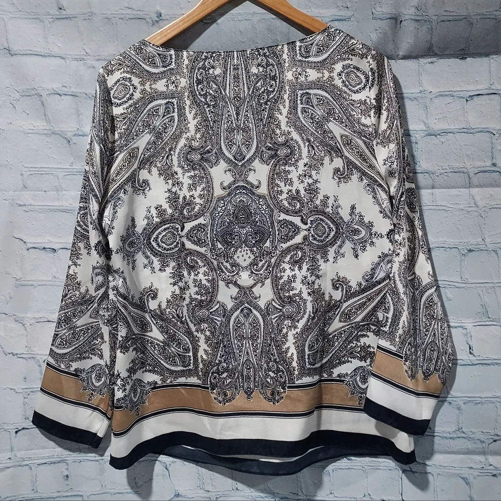 Talbots Womens 6 Black White Tan Floral Paisley Blouse Old Money Quite Luxury